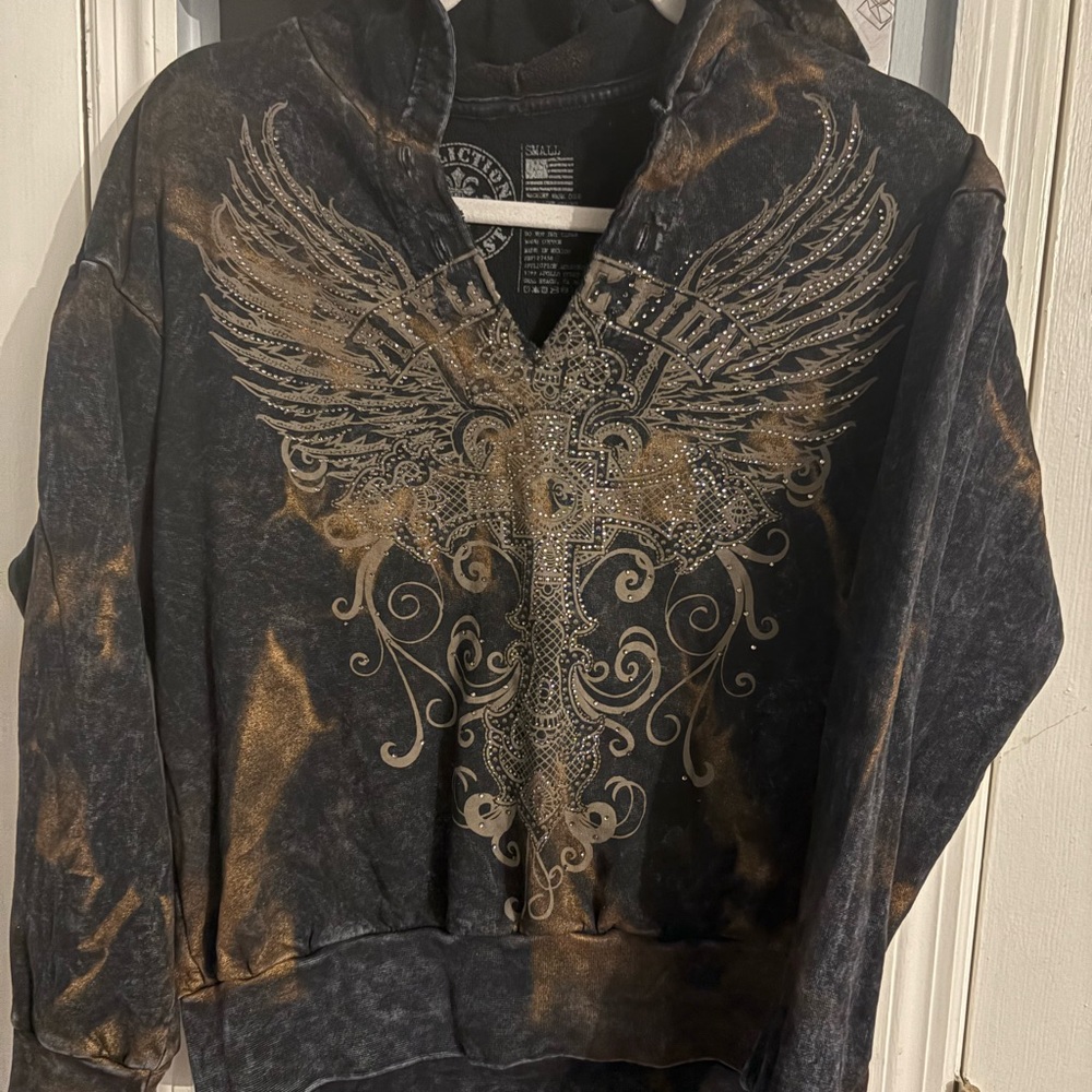 Affliction V-Neck Sweater with Gold and Black Design